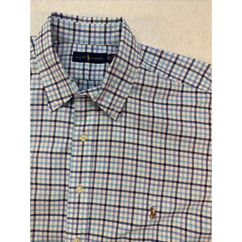 Polo Ralph Lauren Shirt Mens 2XLT Short Sleeve Oxford Blue Plaid Golf Business